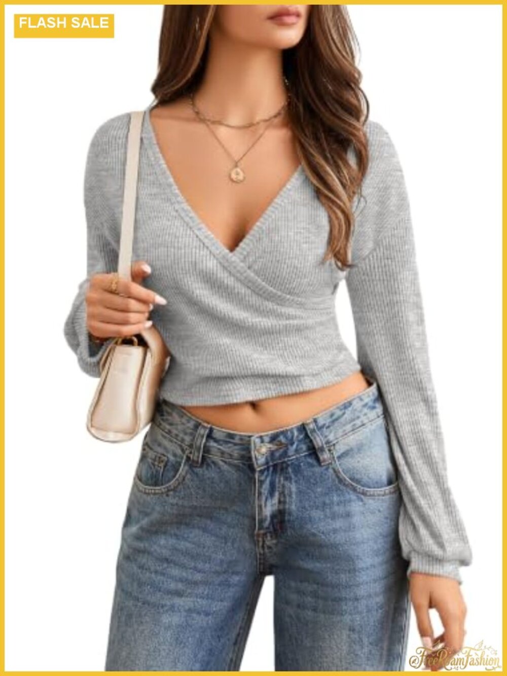 Women's Long Sleeve Wrap Crop Top Surplice V Neck Ribbed